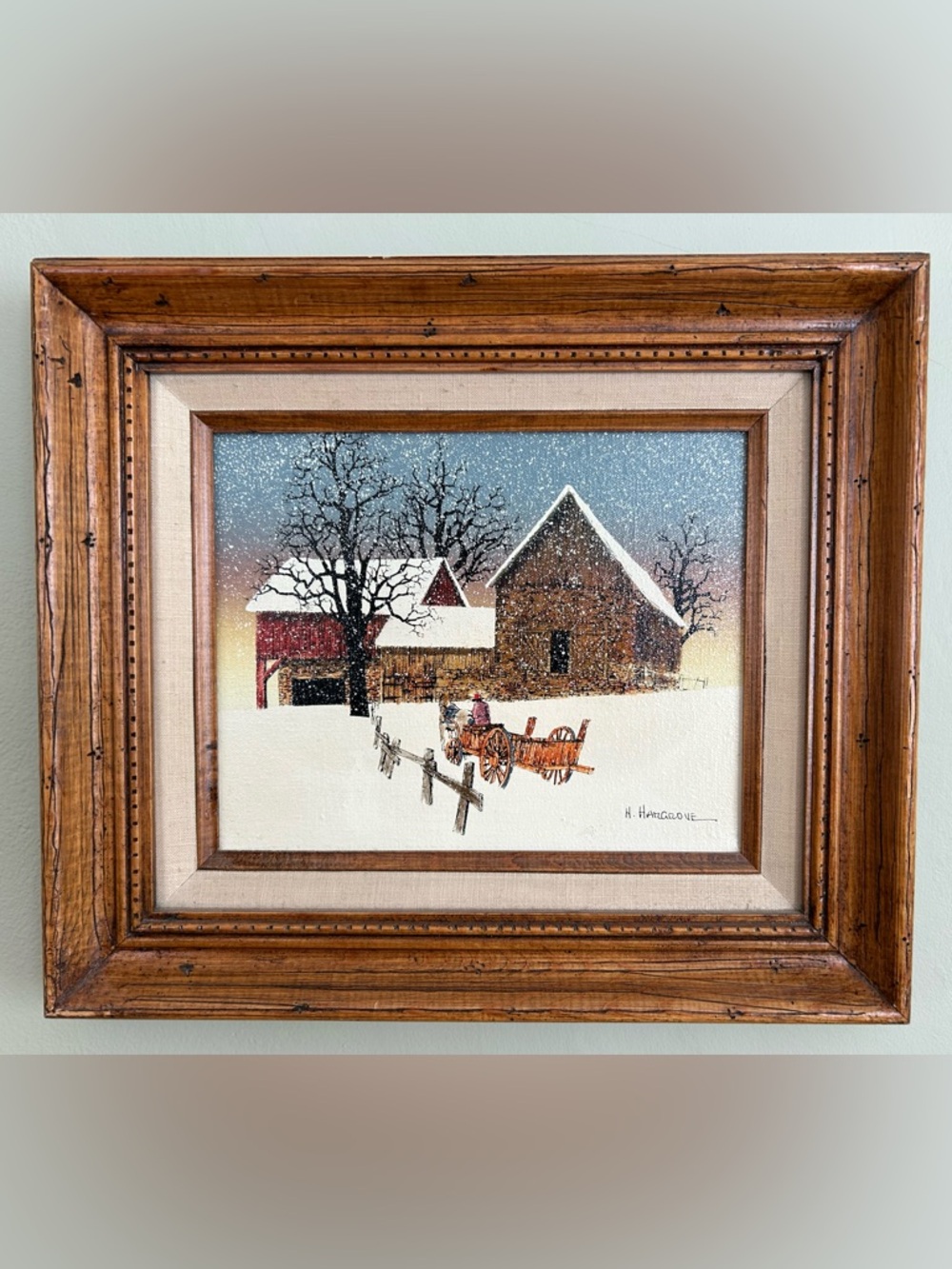 Vintage Oil Painting Framed Winter Barn Rustic Wood Frame Signed 14x12